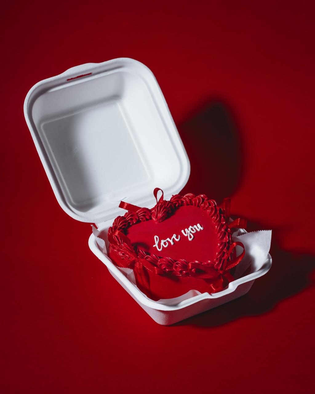 Red heart-shaped pillow with 'love you' text in a white takeout container on a red background