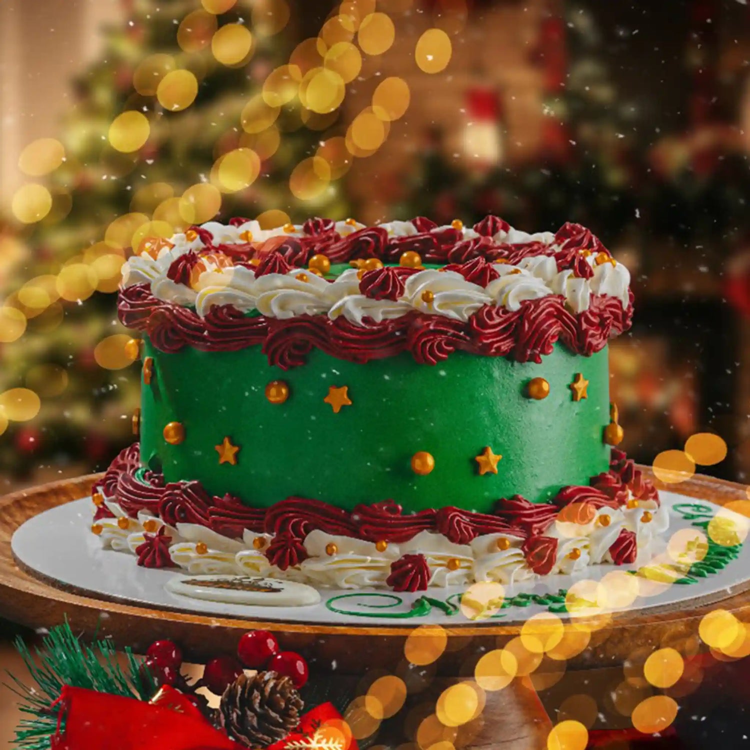 Decorative Christmas cake with green base and red and white decorations against a festive background.