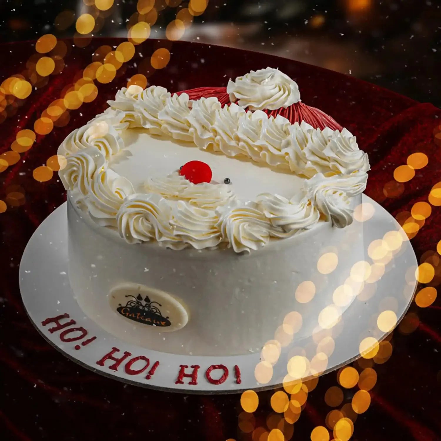 Decorative cake with a Santa hat design on a blurred festive background
