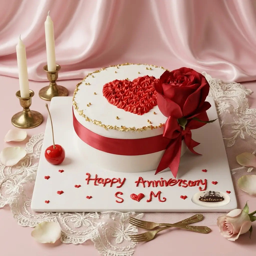 A round white cake decorated with a red heart, red ribbon, and a large red rose, placed on a white board with 'Happy Anniversary S M' written in red icing. The scene is styled with pink satin fabric, candles, lace, petals, and forks.