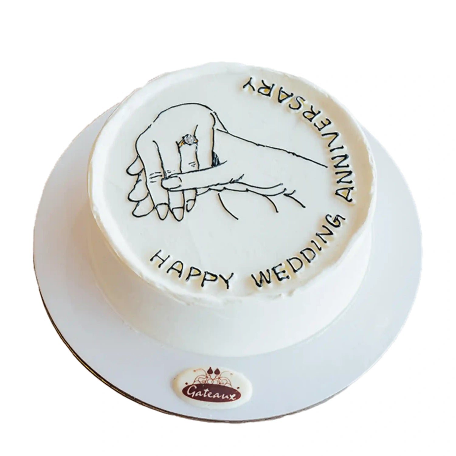 Round cake with 'Happy Wedding Anniversary' text and hand holding a ring illustration on a white background.