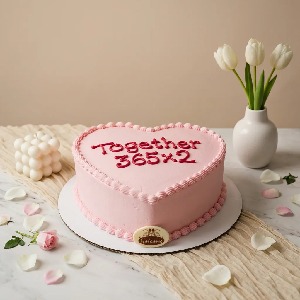 A heart-shaped pink cake with red icing text reading 'Together 365x2' on a white board, styled on a marble surface with tulips in a vase, rose petals, and a candle.