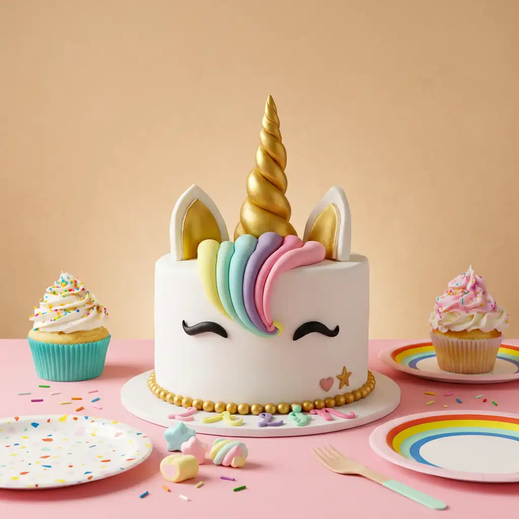 A white unicorn-themed cake with a gold horn, pastel rainbow mane, and white ears, styled on a pink table with cupcakes, rainbow plates, and sprinkles against a peach background.