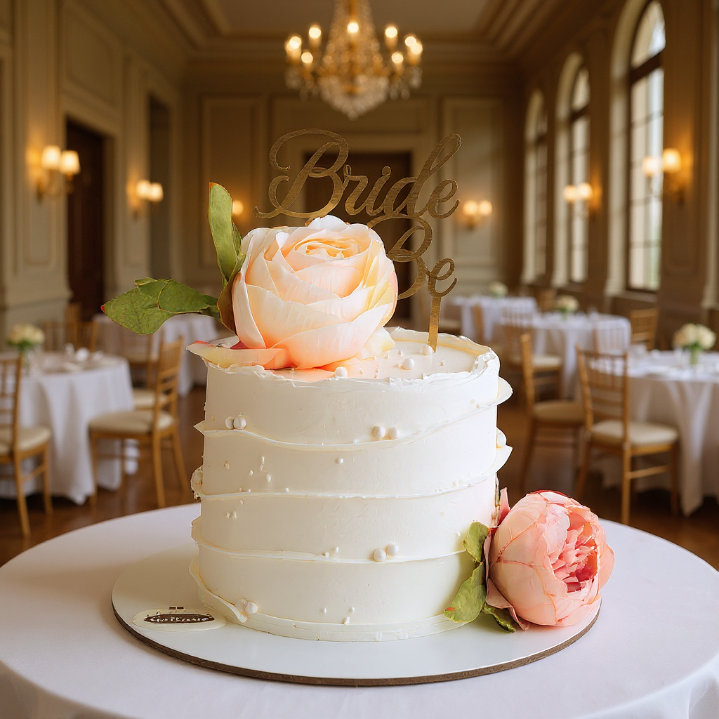 White wedding cake with pink flowers and 'Bride to Be' sign in a banquet hall.