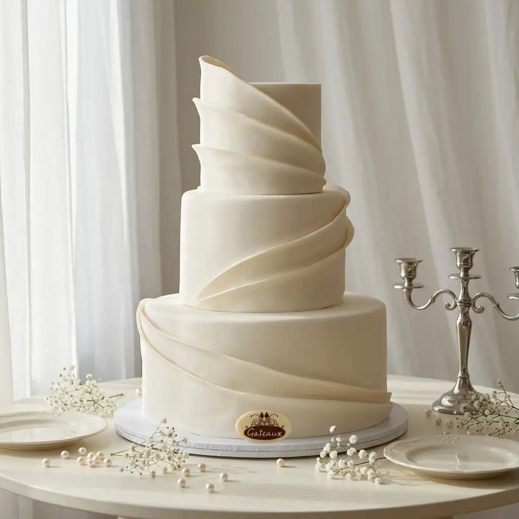 A three-tier elegant wedding cake with smooth white fondant and decorative spiral ridges, displayed on a round table with plates, pearls, and a silver candelabra against a soft white curtain background.