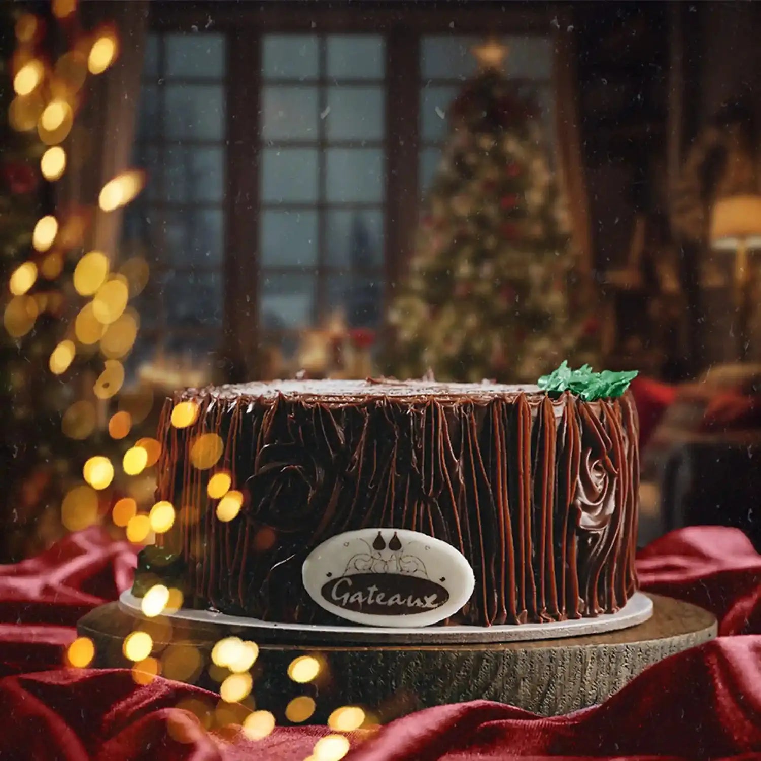Chocolate cake with a brand logo on a table with festive decorations in the background