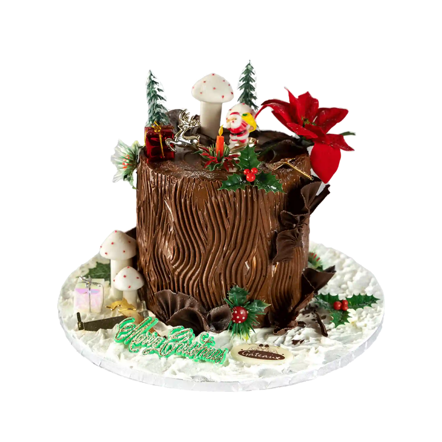 Decorative cake shaped like a tree stump with Christmas-themed elements on a white background
