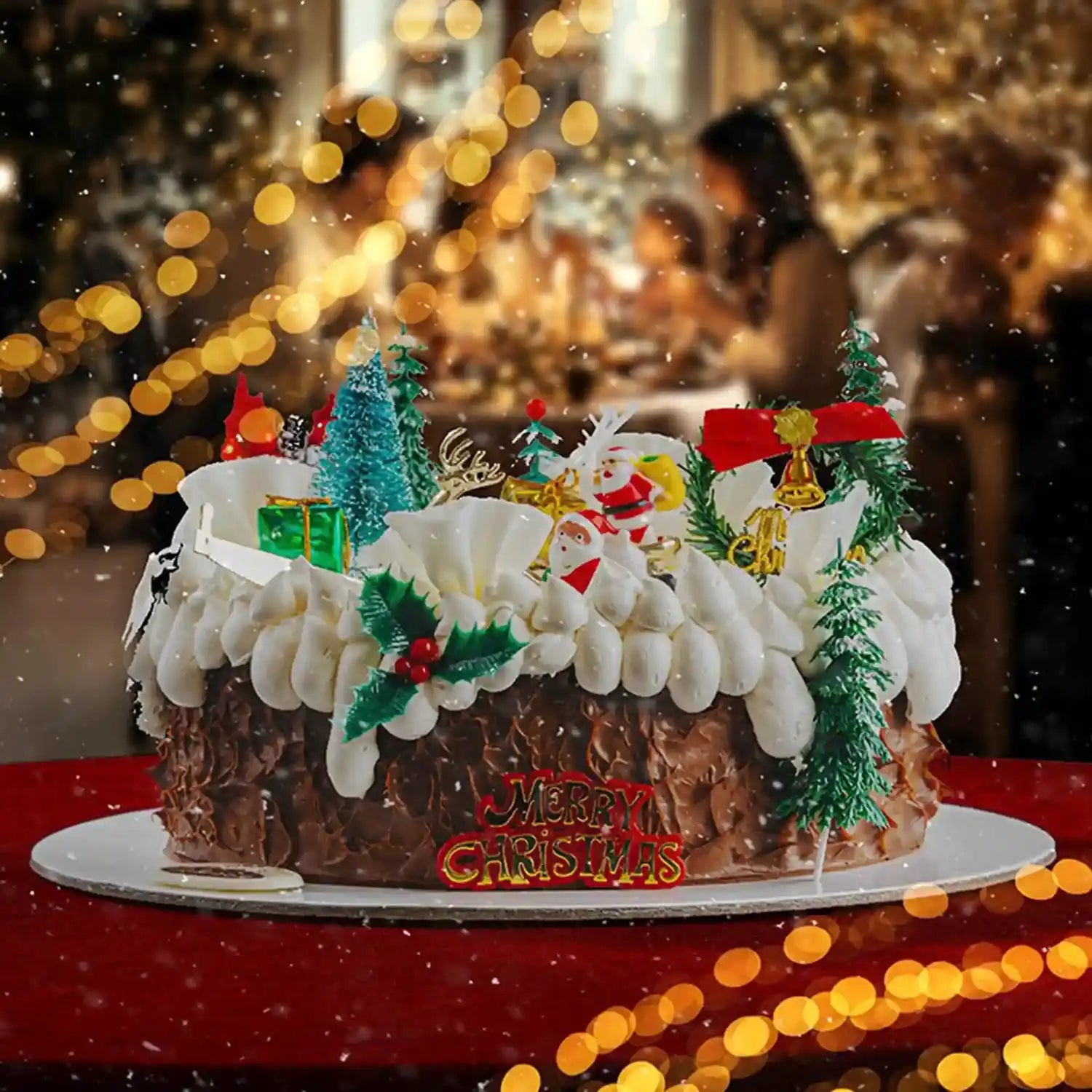 Decorative Christmas cake with icing snow, trees, and Santa Claus on a festive background.