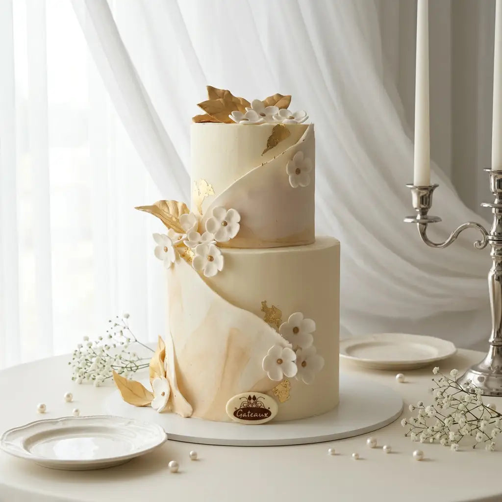 A two-tiered cream-colored wedding cake decorated with white and gold sugar flowers and leaves, displayed on a white tablecloth with plates, baby's breath, and a silver candelabra in the background.