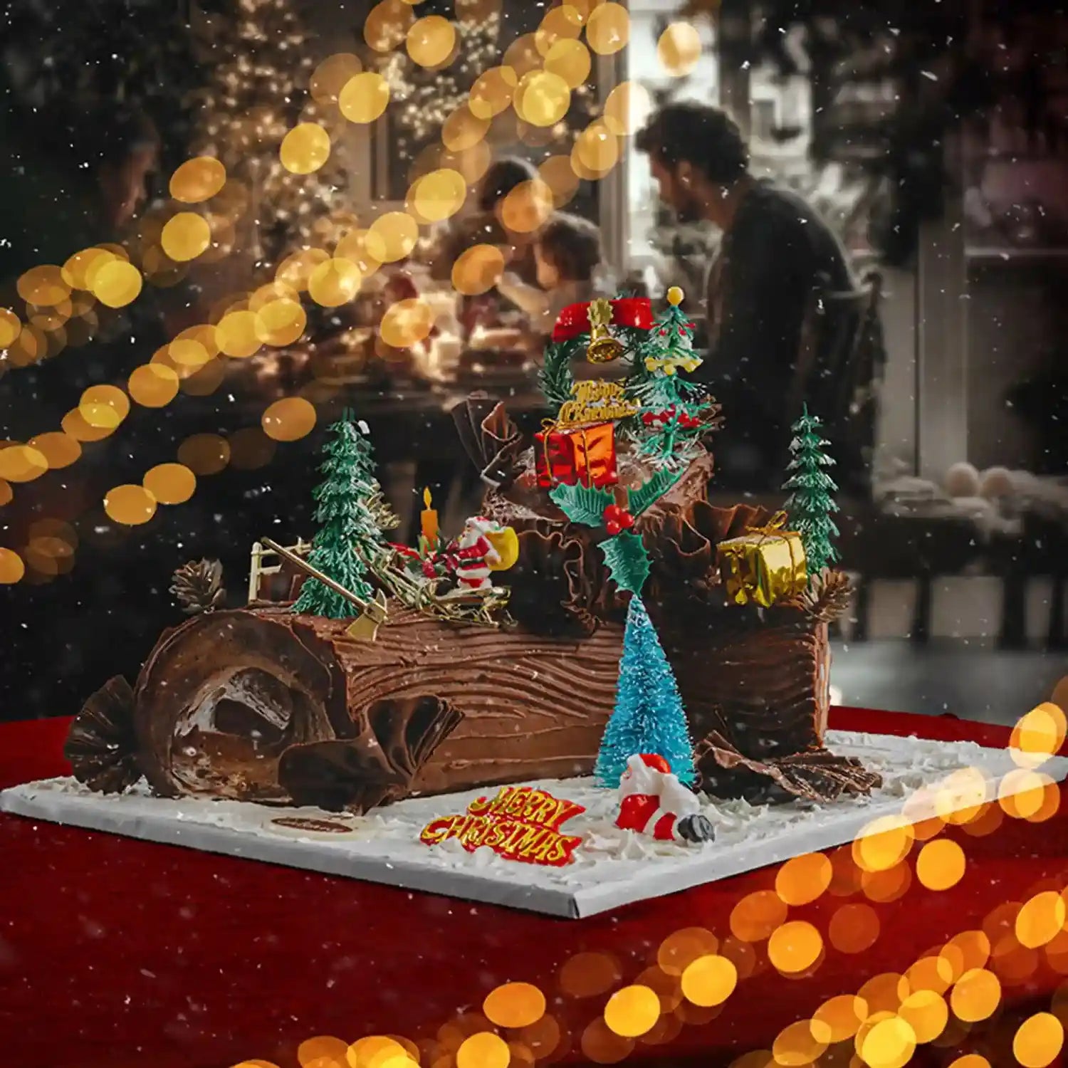 Christmas-themed gingerbread house with decorations on a blurred festive background