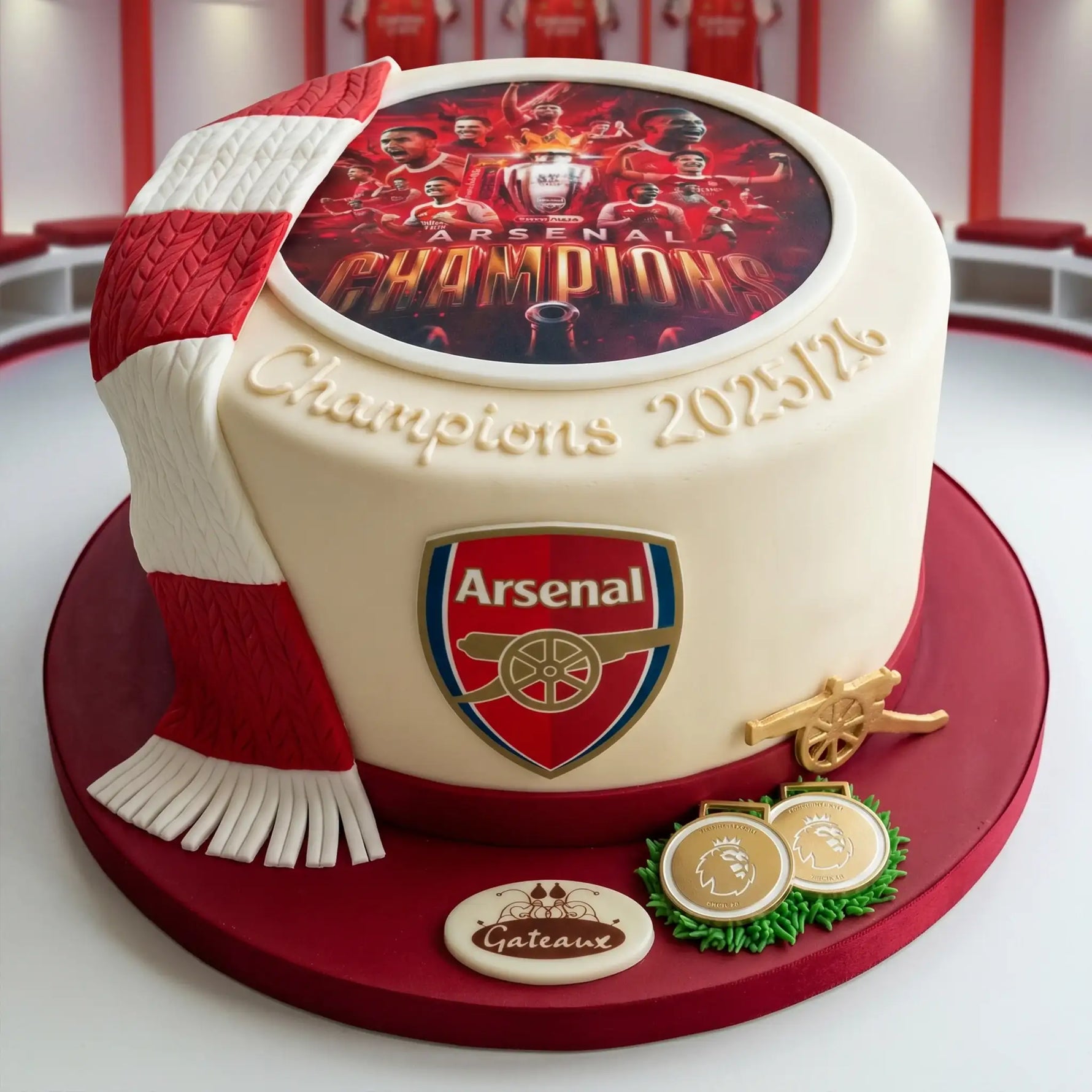 Cake decorated with Arsenal FC logo and text, featuring red and white colors.