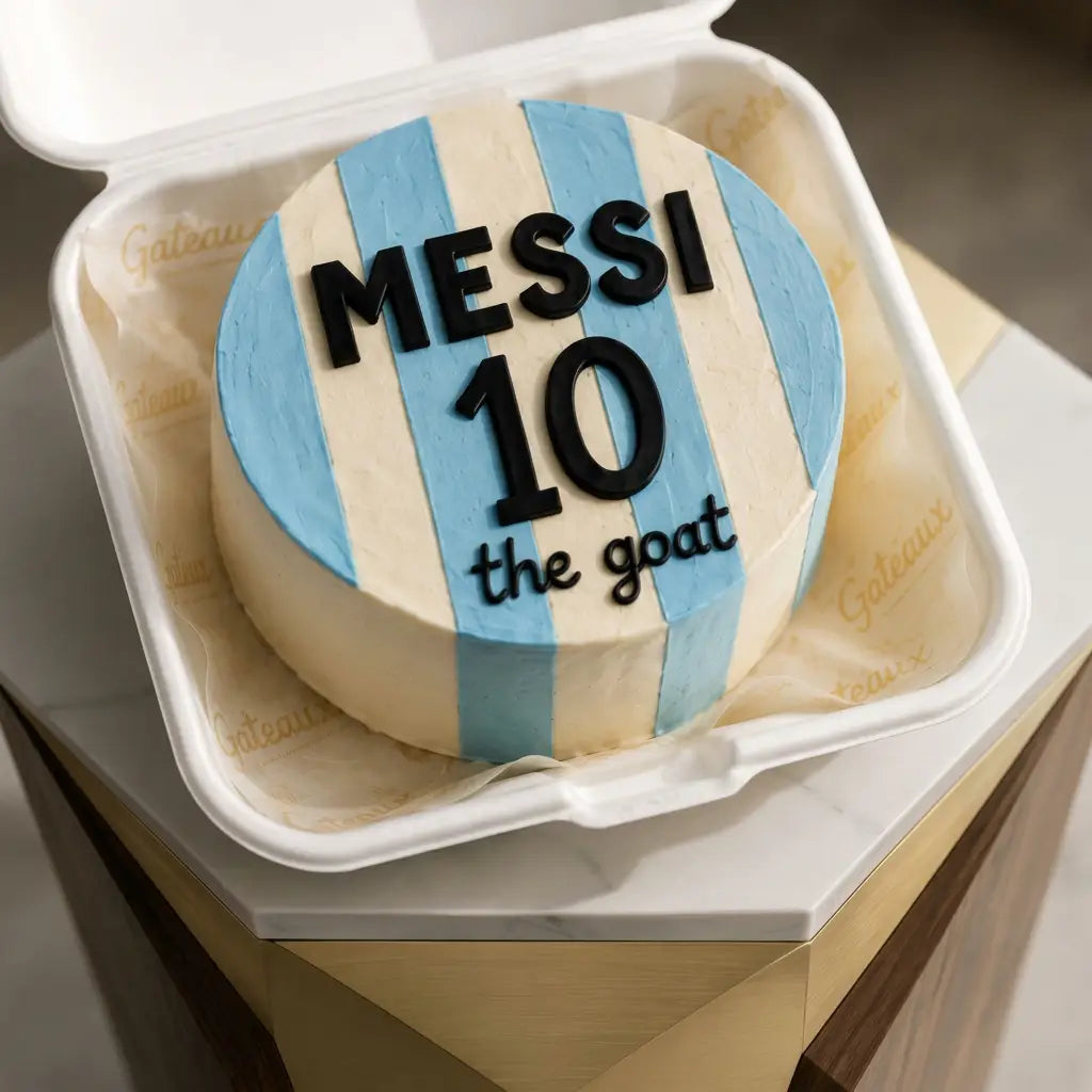 Cake with 'Messi 10 the goat' text in a striped design, likely referencing Lionel Messi, on a marble surface.