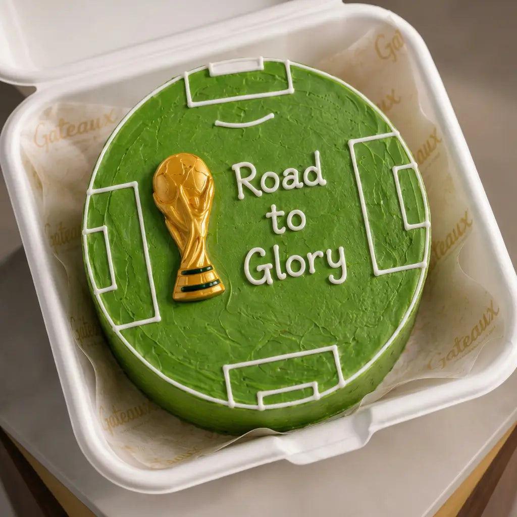 Green cake with World Cup trophy and 'Road to Glory' text in a white container.