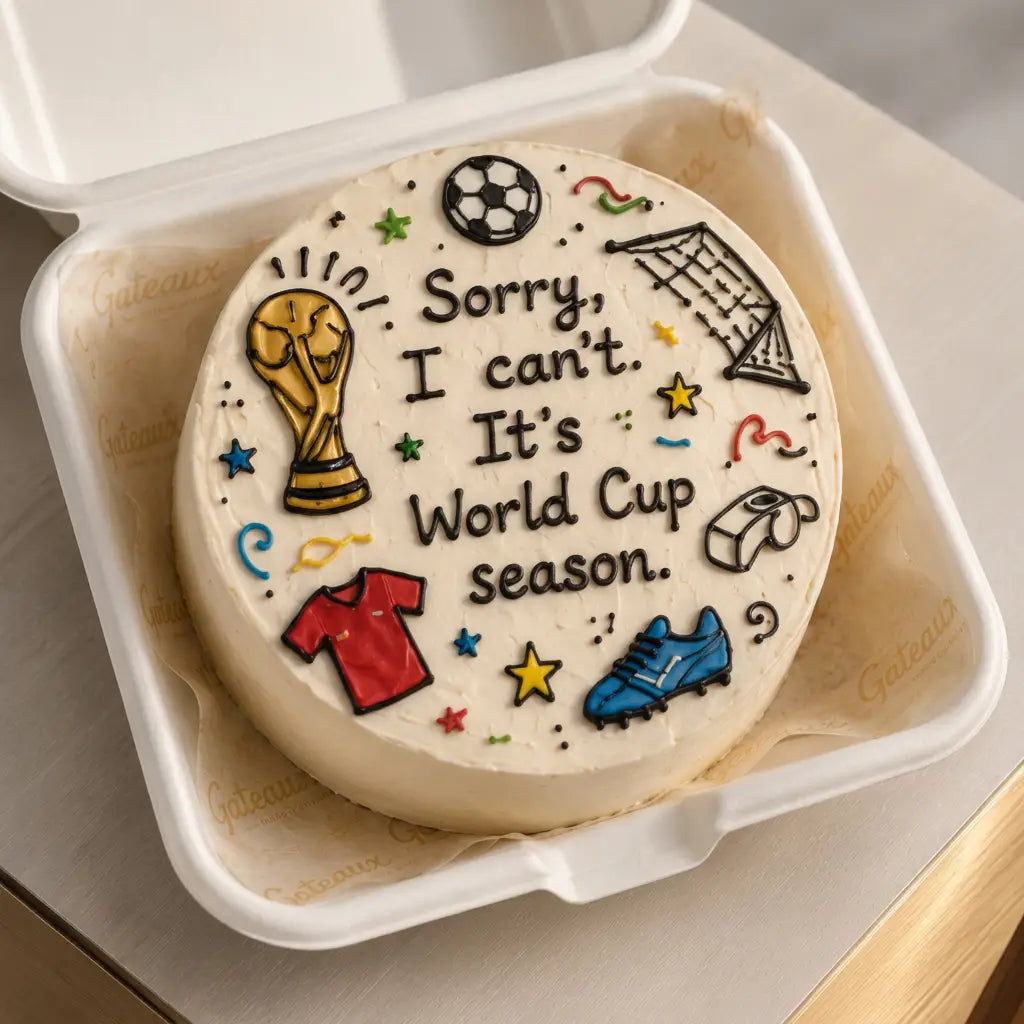 Round cake with World Cup-themed decorations in a white box.