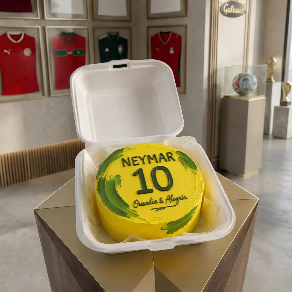 Yellow cake with 'NEYMAR 10' branding in a white box, set against a background of framed sports jerseys.