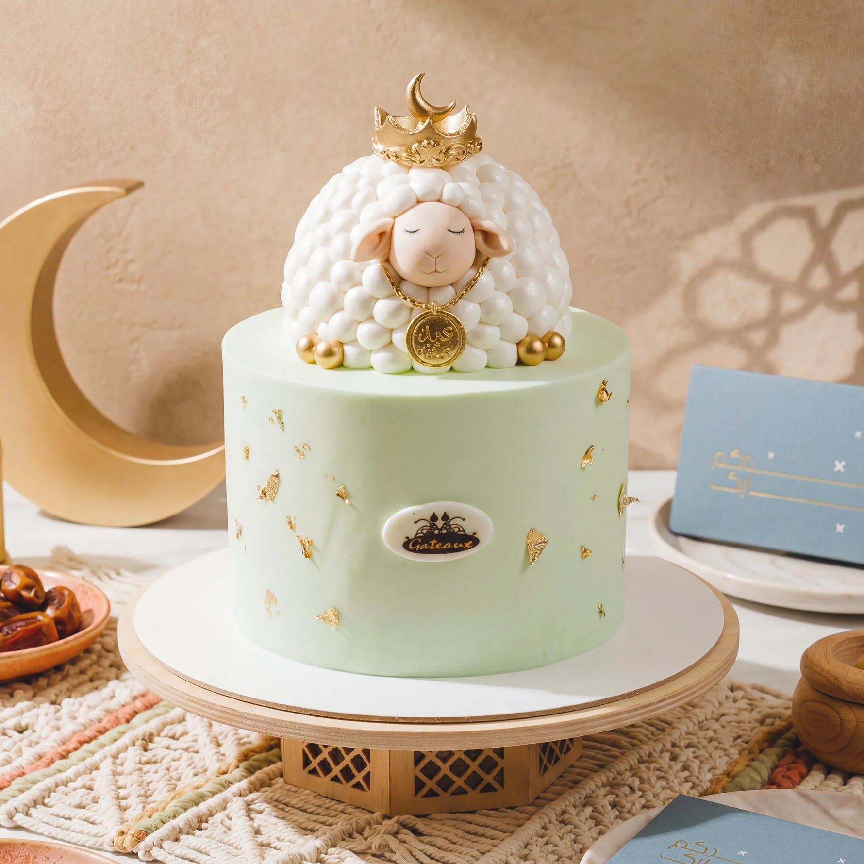 Decorative cake with sheep figurine and gold accents on a neutral background