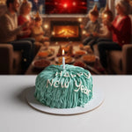 Green New Year's cake with a candle on a table in front of a family gathered around a fireplace.