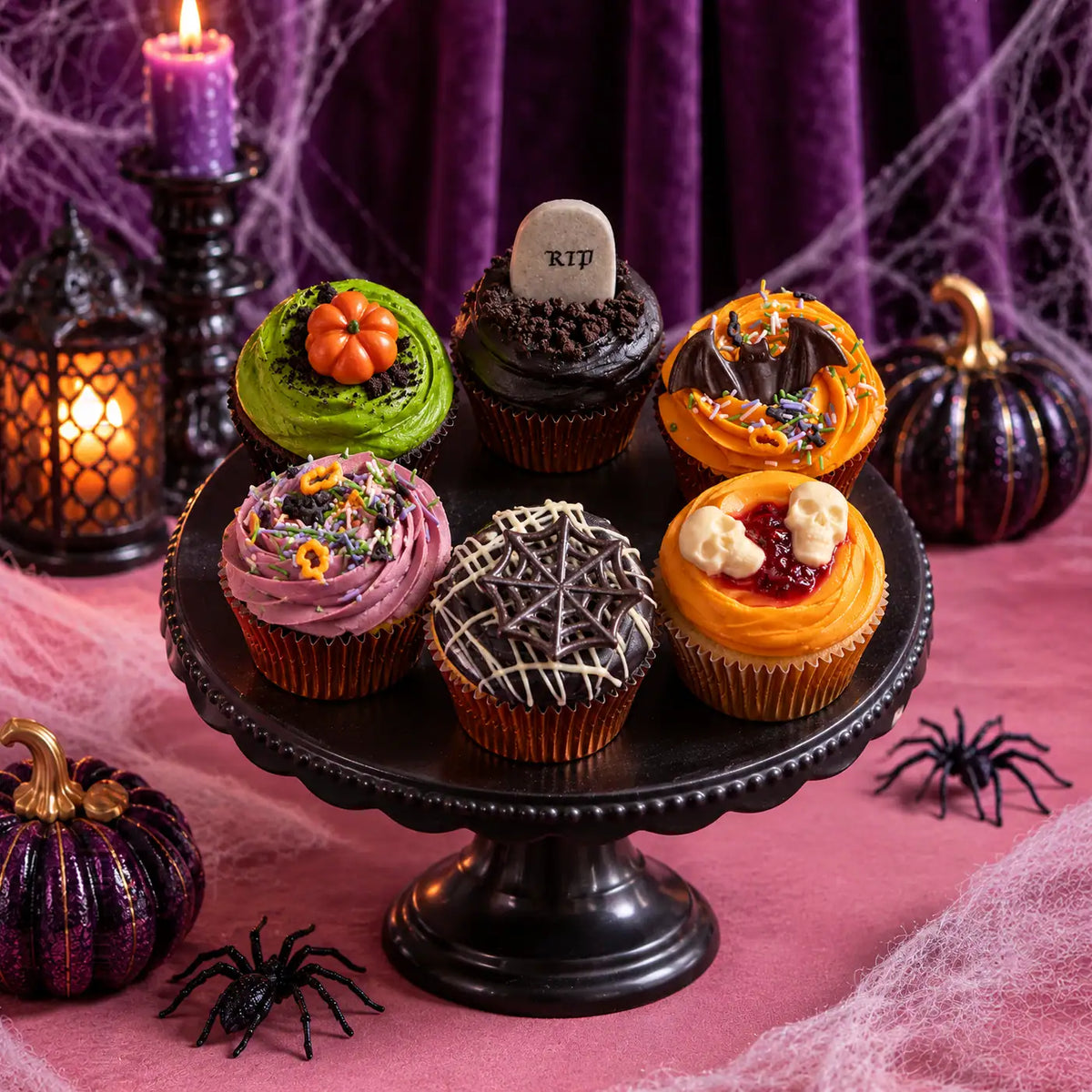 Midnight Bites decorated cupcakes display featured in our premium Halloween cakes selection