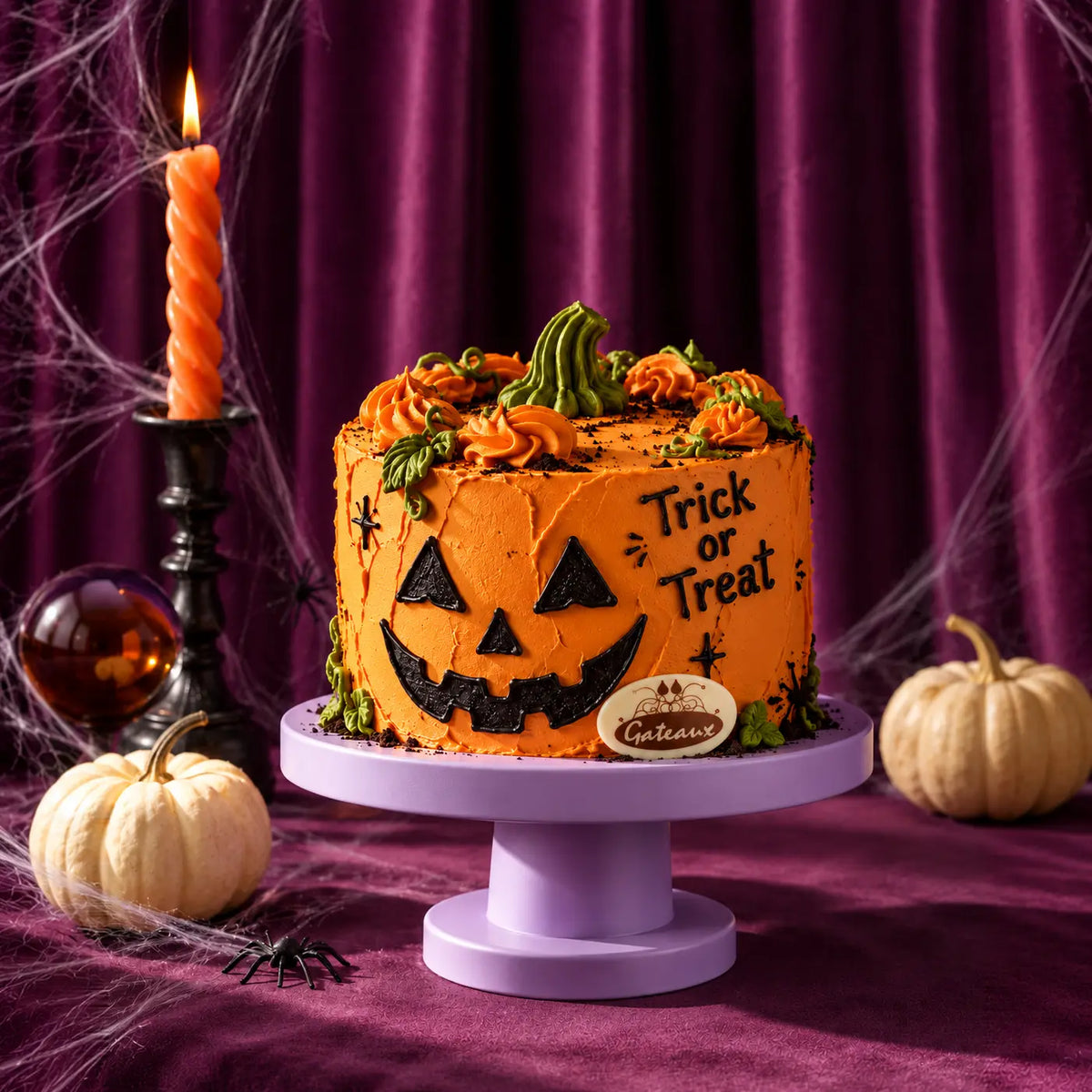 Pumpkin Mischief decorated jack o lantern design featured in our Halloween cakes selection