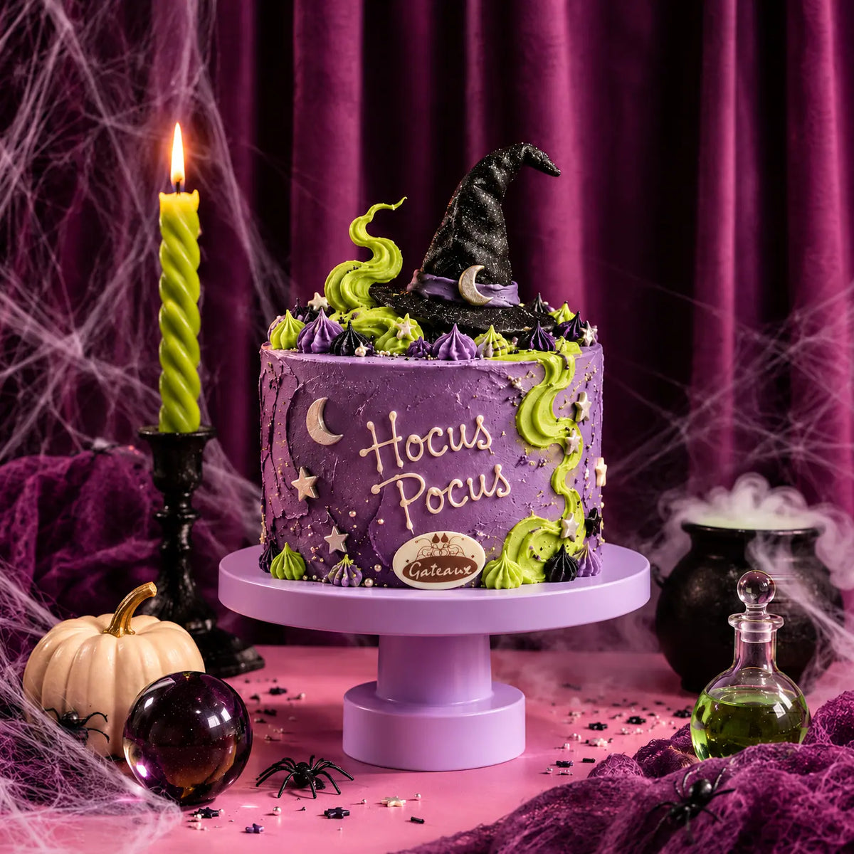 Witching Hour purple witch hat design featured in our Halloween cakes selection