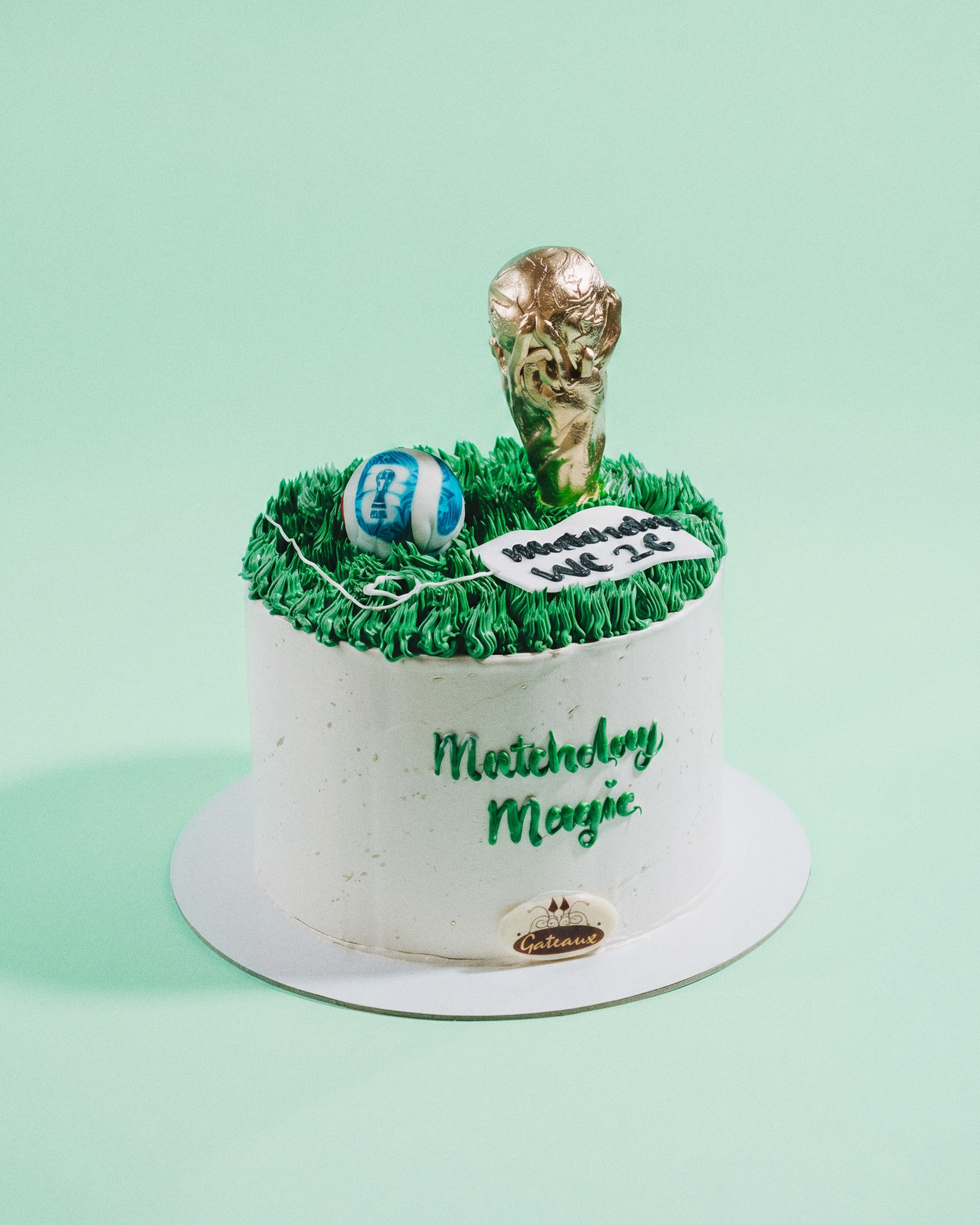 Small cake with a trophy, soccer ball, and grass decoration on a light green background