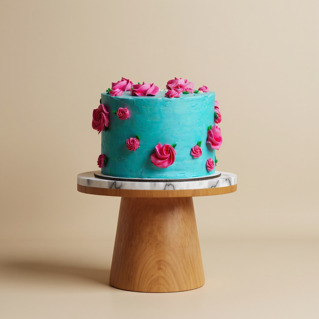 Blue cake with pink flowers on a wooden stand against a beige background