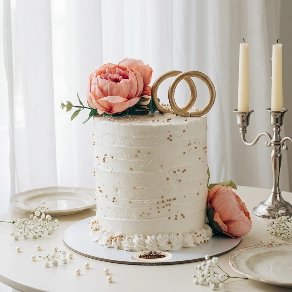 A white frosted wedding cake with gold confetti and a pink peony flower on top, decorated with two gold rings, set on a white table with plates, candles, and baby's breath flowers.