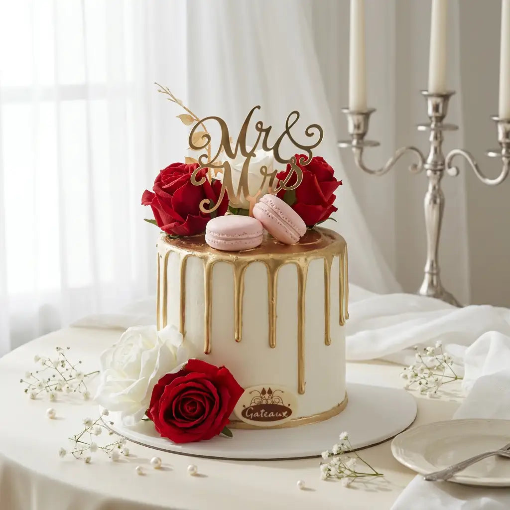 A white frosted drip cake on a round white platter, decorated with red roses, pink macarons, and a gold 'Mr & Mrs' topper. The cake sits on a white tablecloth with a blurred candelabra and curtains in the background.