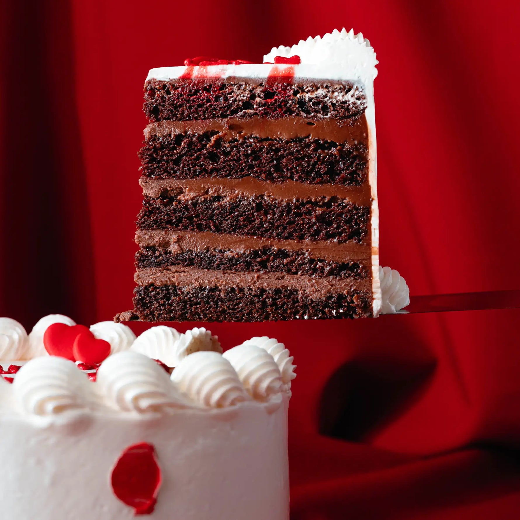 Slice of layered chocolate cake with white frosting on a red background
