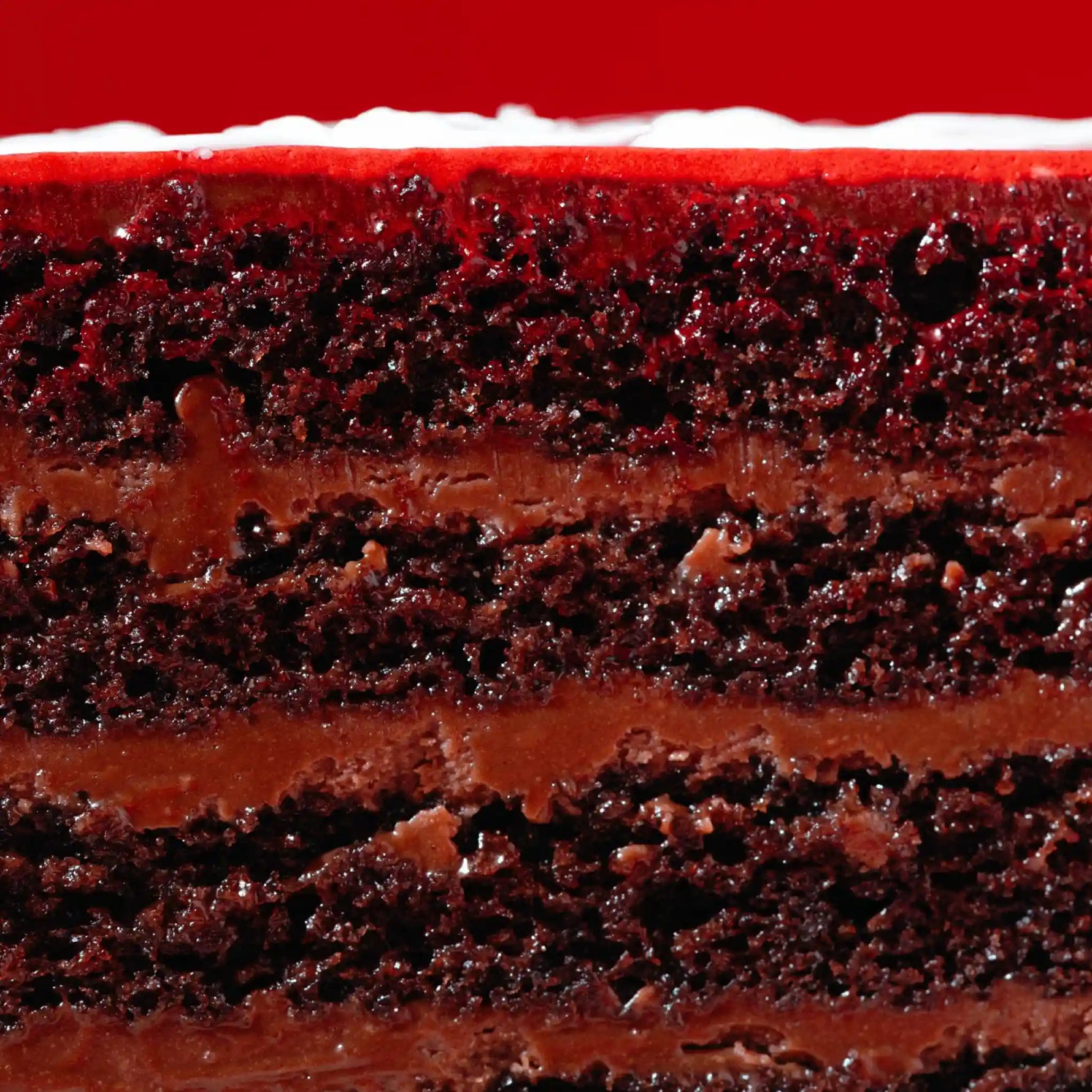 Close-up of a layered chocolate cake with white frosting on a red background